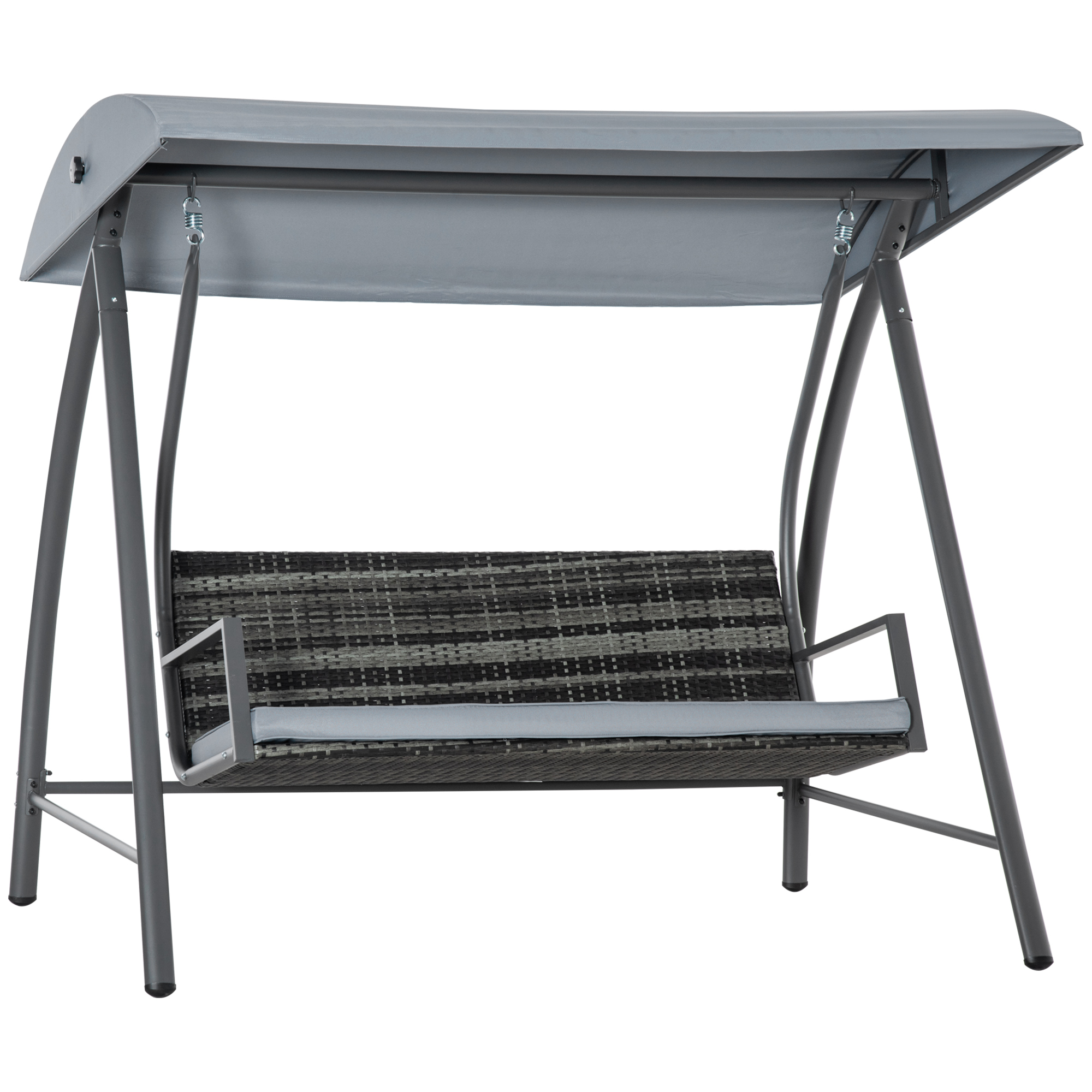 Cadeira de balanço de jardim Outsunny de 3 lugares em rattan com cobertura ajustável e almofada removível com zíper para uso externo em varandas e pátios, capacidade de carga de 360 kg, 198 x 124 x 179 cm, cinza