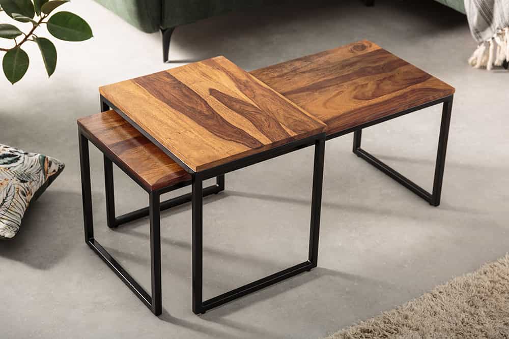 2er Set Design Couchtisch ELEMENTS 100cm Sheesham Massivholz stone finish Metallgestell