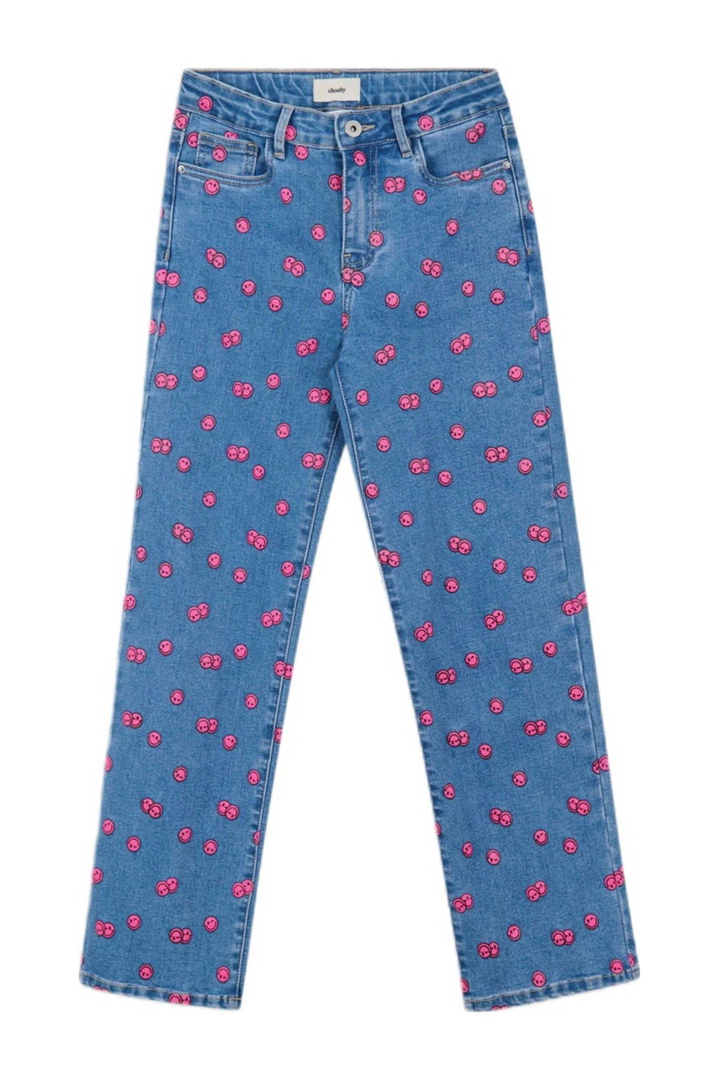 Shoeby high waist straight leg jeans met all over print blauw/roze