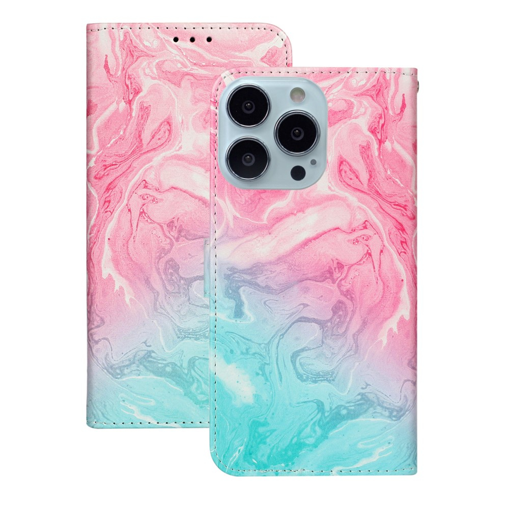 iPhone 13 Pro Leder Tasche Flip Cover Marmor Marble - Rosa / Türkis