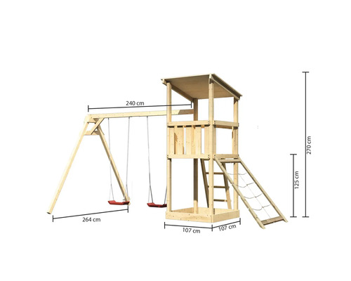 Speeltoren/speelhuis Karibu Anna, 107 x 107 cm, van hout, bestaande uit 2 schommelsets en een nethelling.