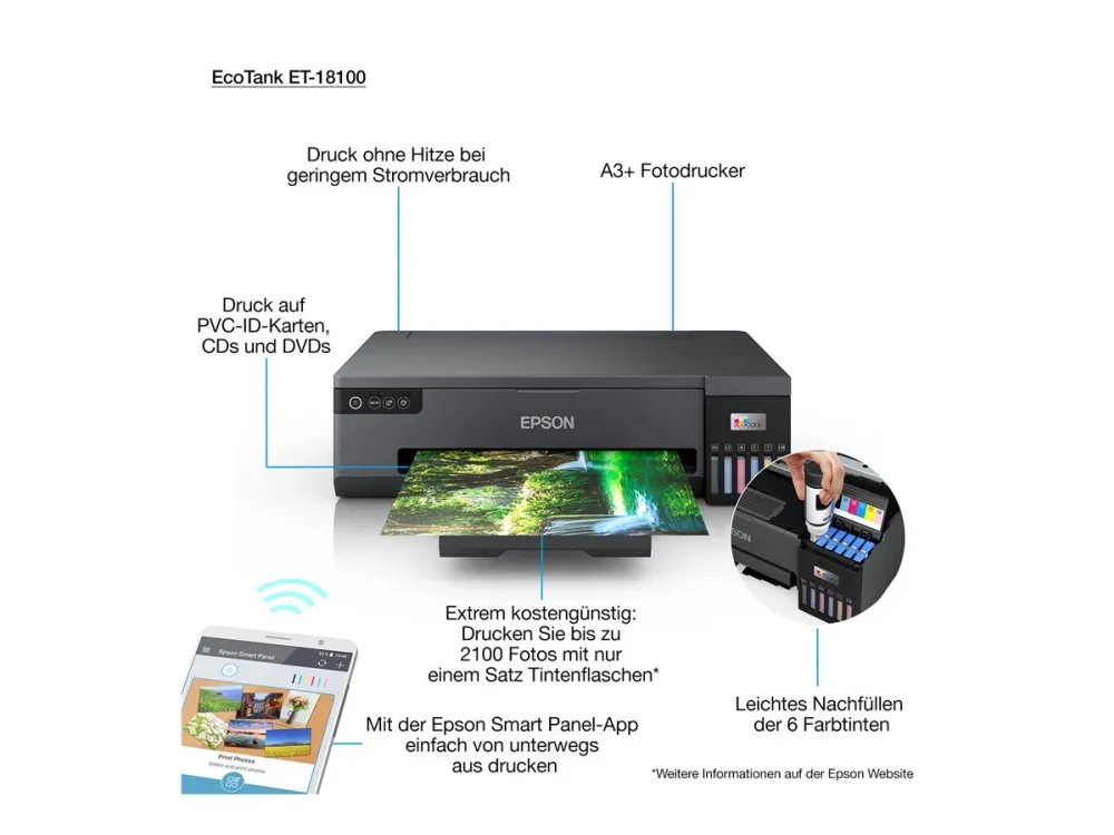 Epson EcoTank ET-18100 - Printer - farve - blækprinter - kan genopfyldes - A3 - 5760 x 1440 dpi - op til 8 spm (mono) / op til 8 spm (farve) - kapacitet: 80 ark - USB, Wi-Fi