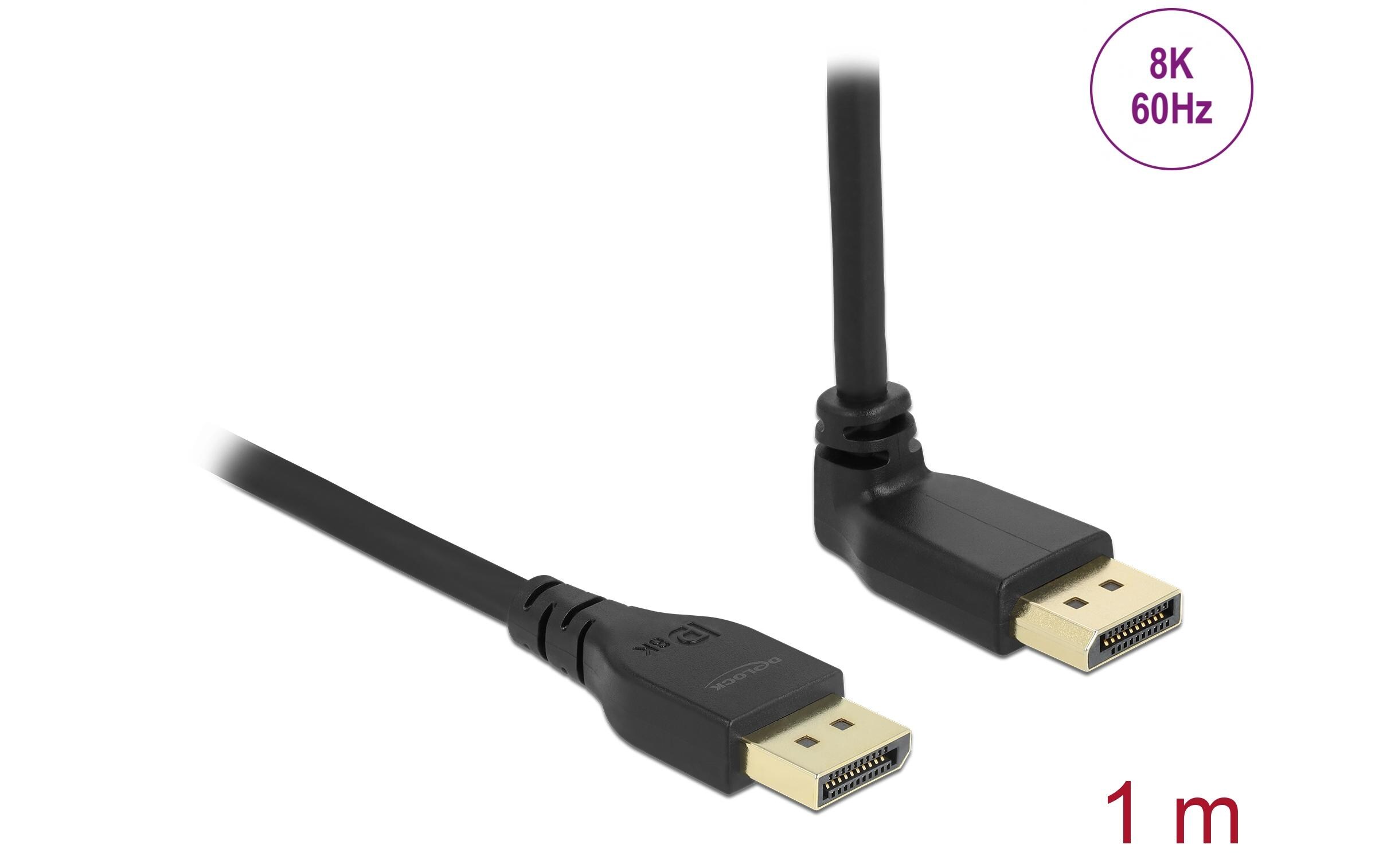 Kabel Oben gewinkelt DisplayPort - DisplayPort, 1 m, 8K 60HzDelock DisplayPort Kabel Stecker gerade zu Stecker 90° oben gewinkelt 8K 60 Hz 1 m ohne Einrastfunktion