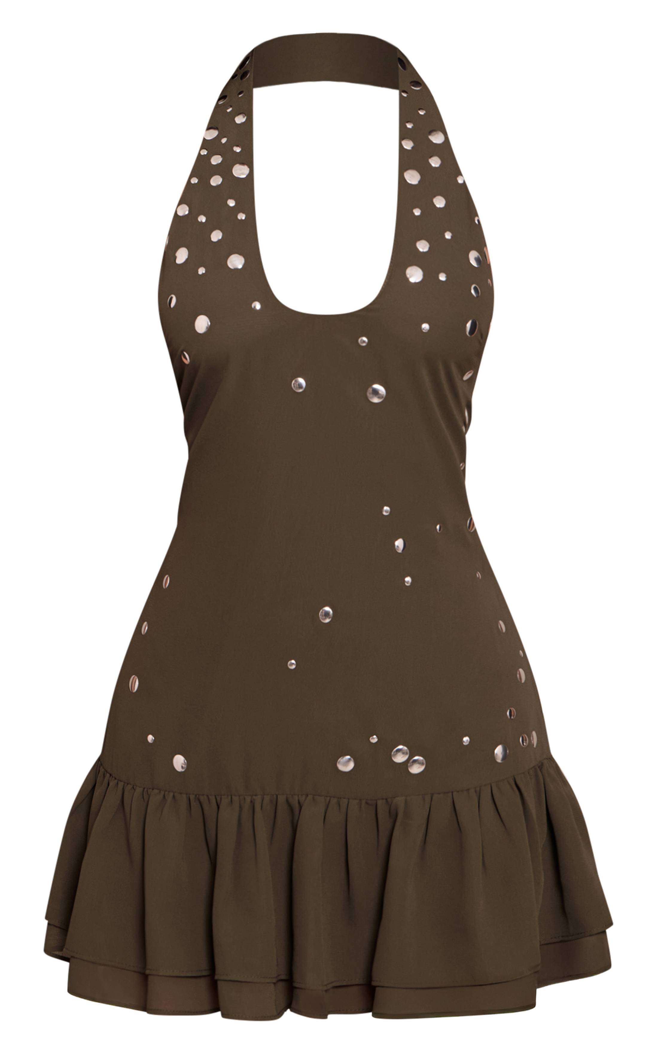 Kaki Robe Petite À Col Licou Avec Détails De Volants Et Clous
