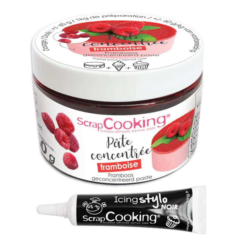 Pâte de fruits concentrée 30 g framboise + Stylo de glaçage noir Scrap