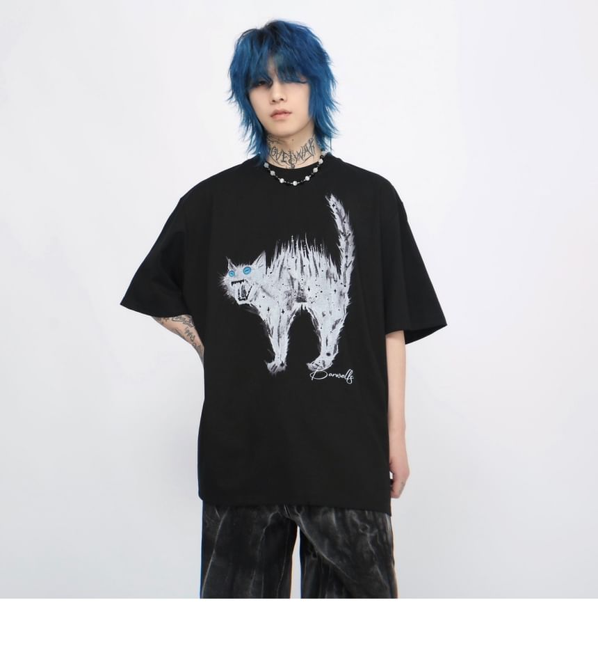 Derbundy - T-shirt met ronde hals en kattenprint, met elleboogmouwen
