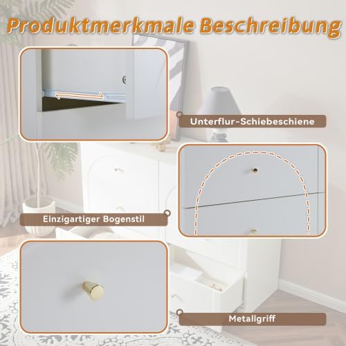 Merax Sideboard Weiß – Romantischer Luxus-Kommodenschrank mit 6 Schubladen, Elegantes Design mit geschwungenen Bögen und Metallgriffen, 120x40x82 cm für Wohnzimmer, Schlafzimmer oder Flur