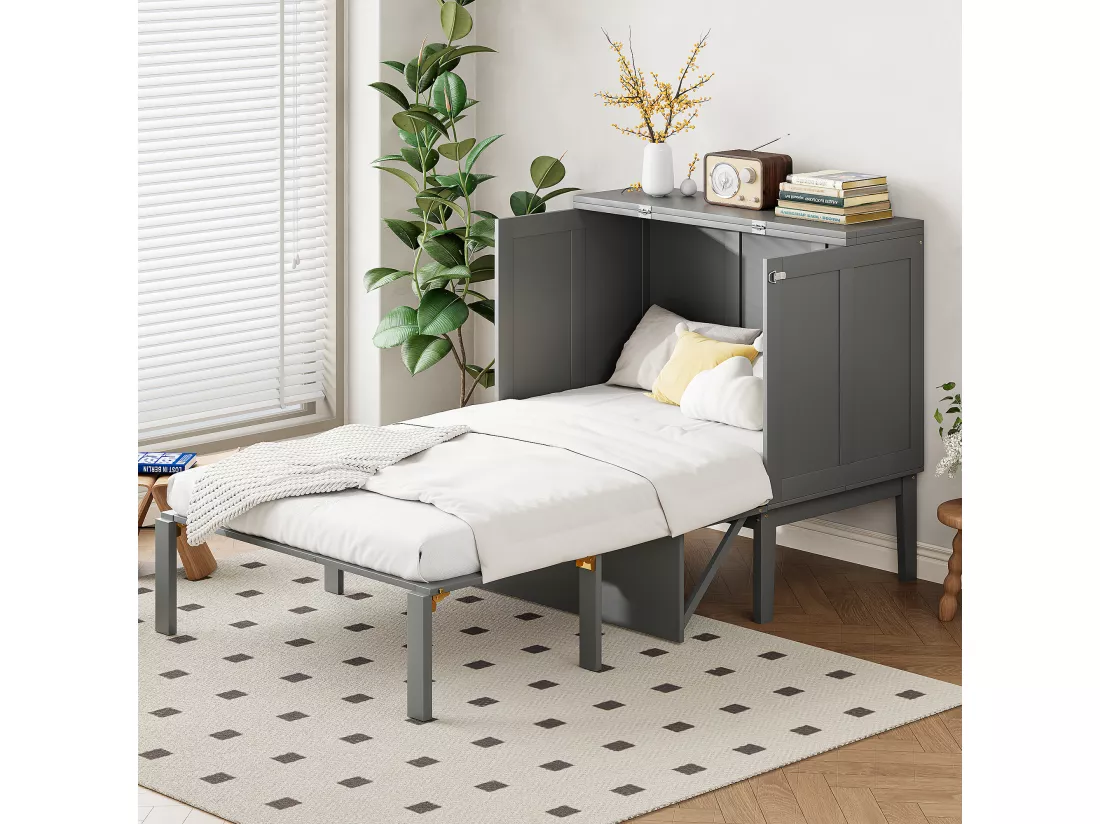 Lit escamotable vertical 90 x 200 cm avec sommier à lattes, contreplaqué + MDF, gris (sans matelas)