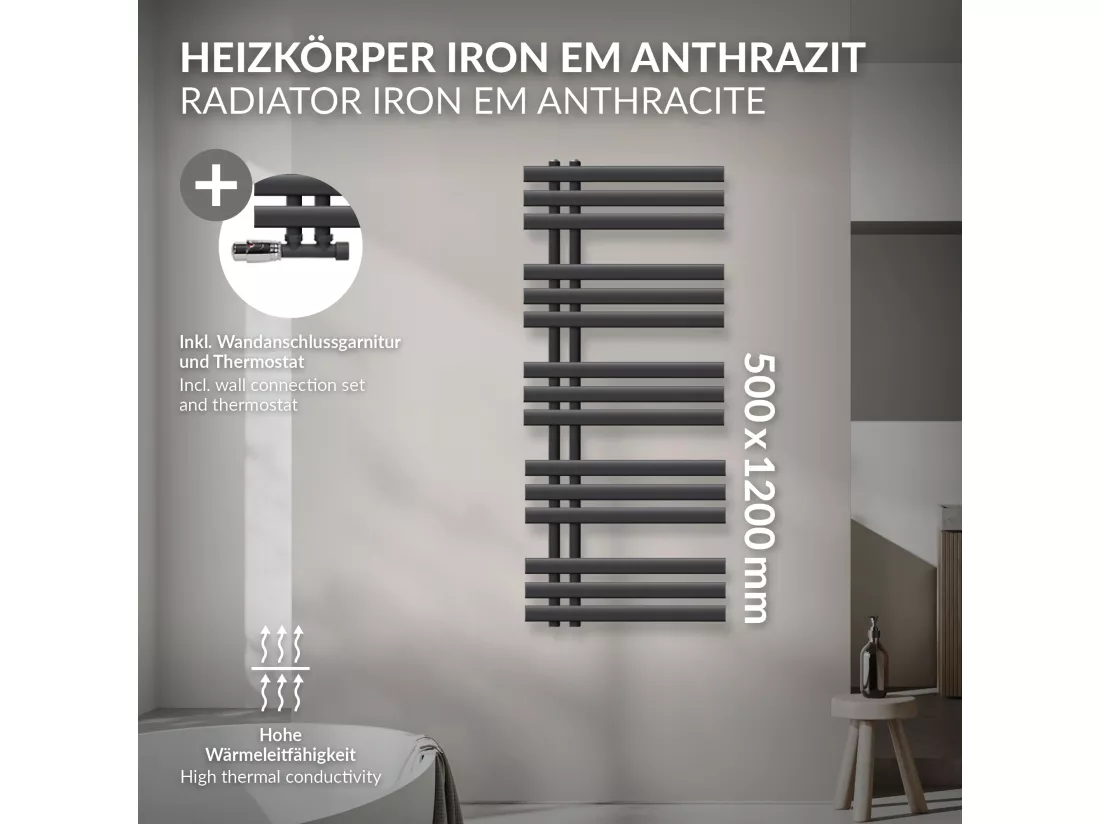 Radiateur de Salle de Bain Iron EM 500x1200 mm Anthracite Raccord Central au Bas