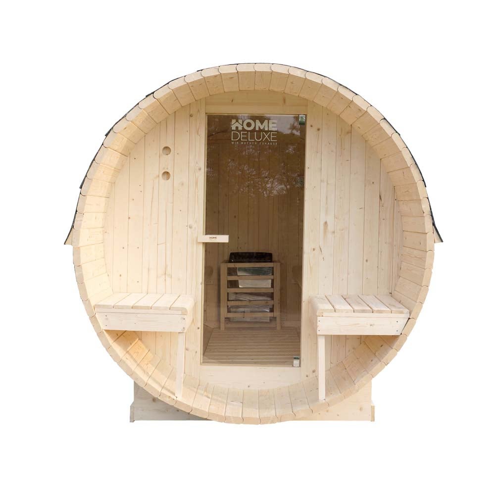 Home Deluxe - Buitenbarrelsauna LAHTI DELUXE L - Afmetingen: ca. 195 cm x 192 cm x 220 cm, Houtsoort: Vurenhout - incl. saunakachel en saunatoebehoren | Tuinsauna, buitensauna, barrelsauna voor 4 personen
