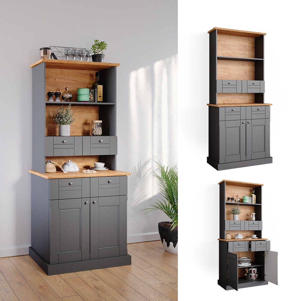 Vicco Küchenvitrine Kommode Küchenregal Bergamo Grau Eiche Küchen Schrank 83x84 cm Vintage Ablage Schublade Schranktür Anrichte Küchenmöbel