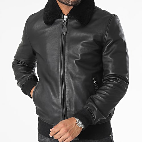 Veste Cuir Col Mouton LCYALES2 Noir