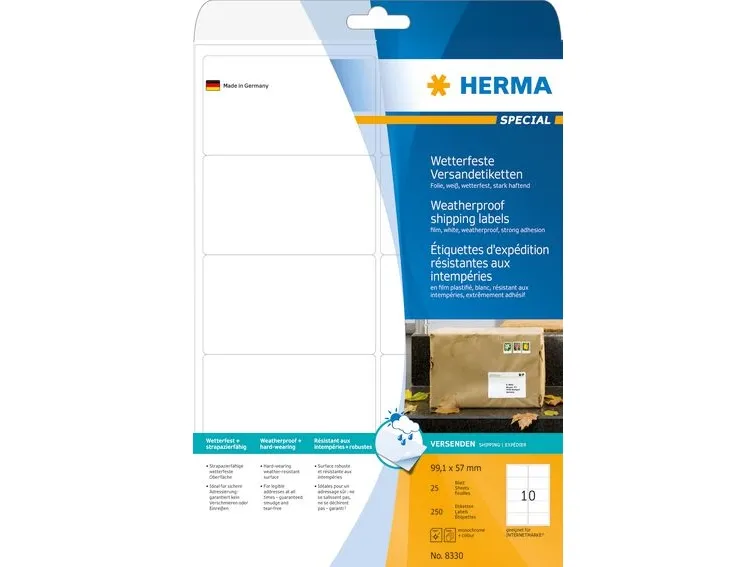 HERMA Special - Polyester - mat - selvklæbende med ekstra styrke - hvid - 57 x 99.1 mm 250 etikette(r) (25 ark x 10) forsendelsesfilmmærkater