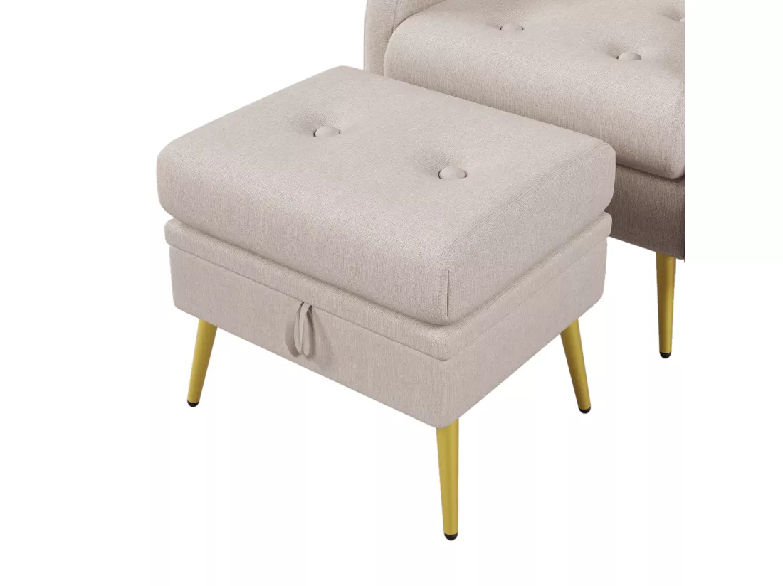 Fauteuil longue avec repose-pieds, dossier réglable en 3 positions, compartiment de rangement,Beige