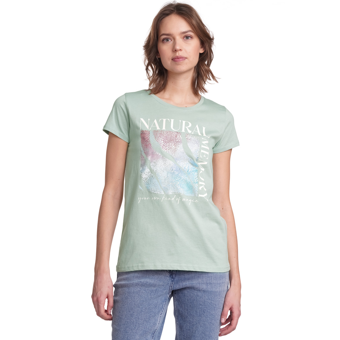 Gina Collection Damen T-Shirt mit Glitzer-Print salbei
