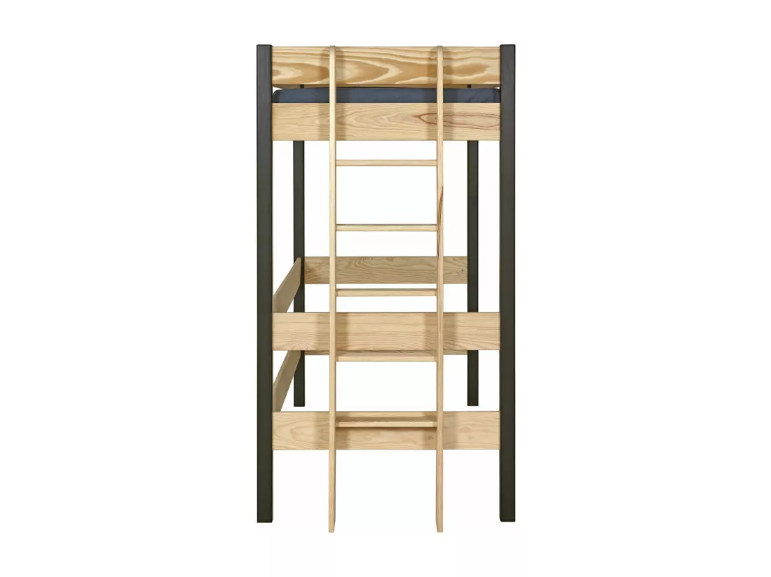Pack lit mezzanine avec matelas 90x190 cm bois massif noir et bois TINO