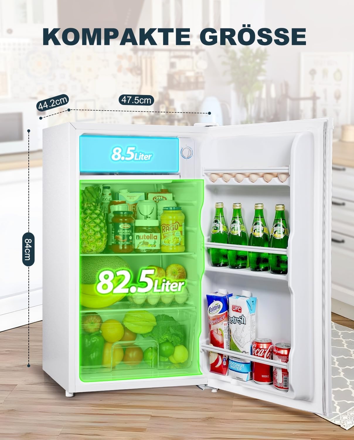 Upstreman 91L Kleiner Kühlschrank mit Schnellkühlfach, 5 Temperaturstufen (1-8℃), Energieeffizient, 41 dB Leiser Betrieb, Kompakt Geräumig für Studentenwohnheim/Büro