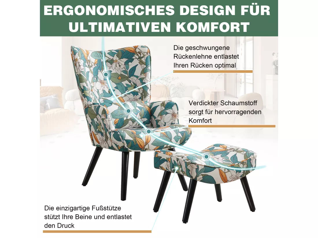 Fauteuil HomeMiYN avec Coussin et Tabouret - Chaise d'Angle Rustique pour le Salon
