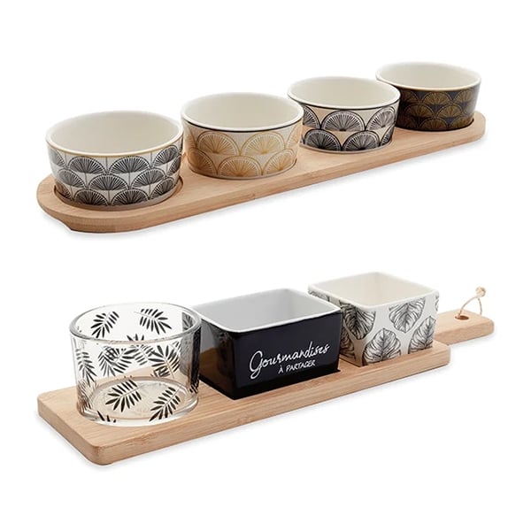 Set de 2 plateaux apéritifs bambou et porcelaine 3 et 4 coupelles
