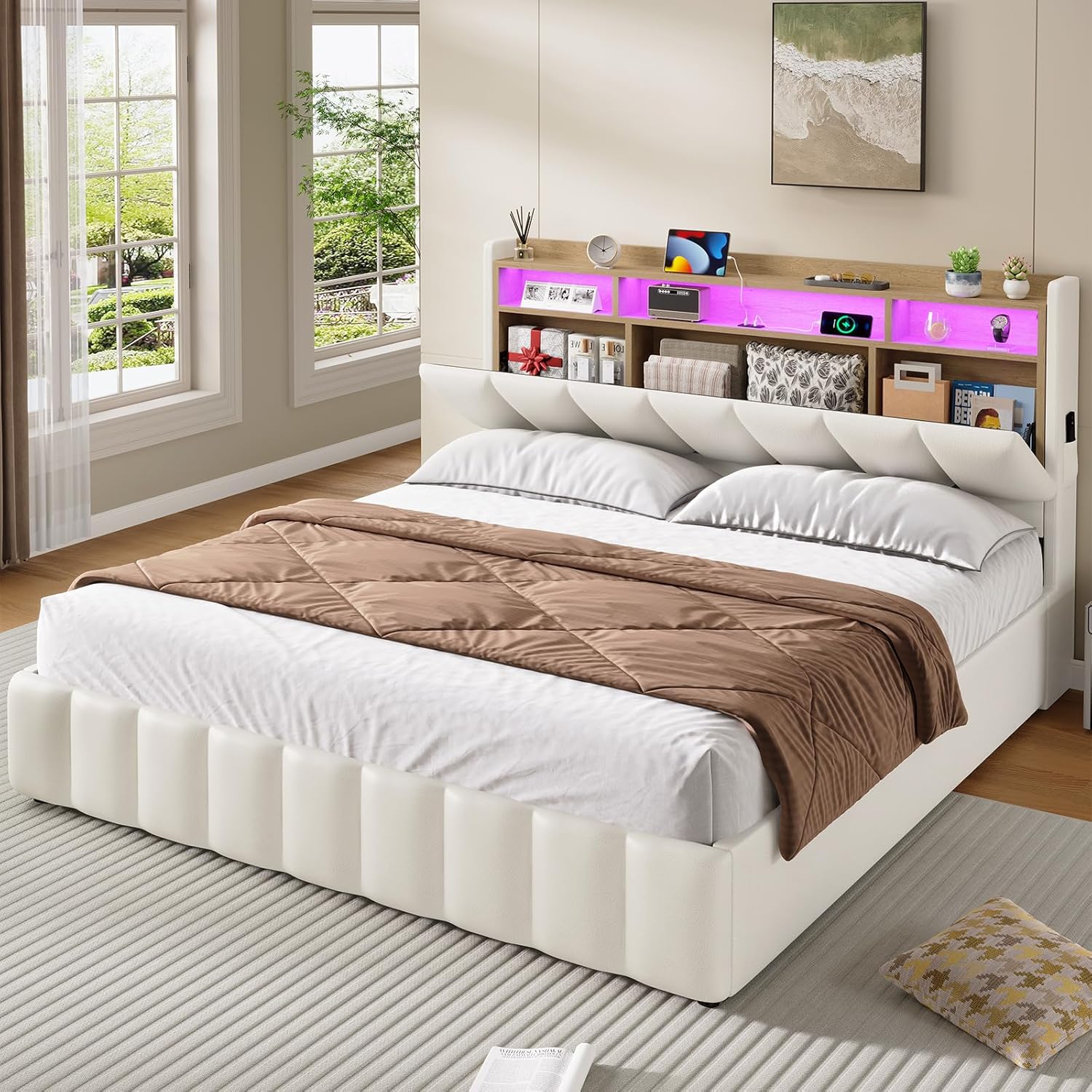 Bett mit LED Beleuchtung, Hydraulisches Bett 160 x 200 cm, Polsterbett, Regalkopfteil mit Stauraum, Bettgestell mit Lattenrost, bequem, für Schlafzimmer, Gästezimmer, PU Weiß