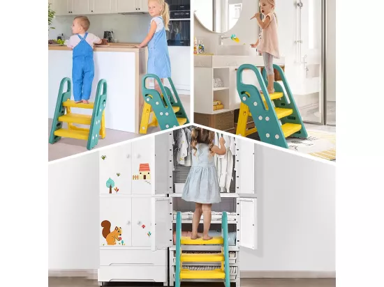 Marchepied Pliable pour Enfant Bébé avec 3 Marches Antidérapant, Rehausseur Stable, Hauteur Réglable, Multifonction avec Poignées Sécurité pr Salle de bain, Jaune et Vert