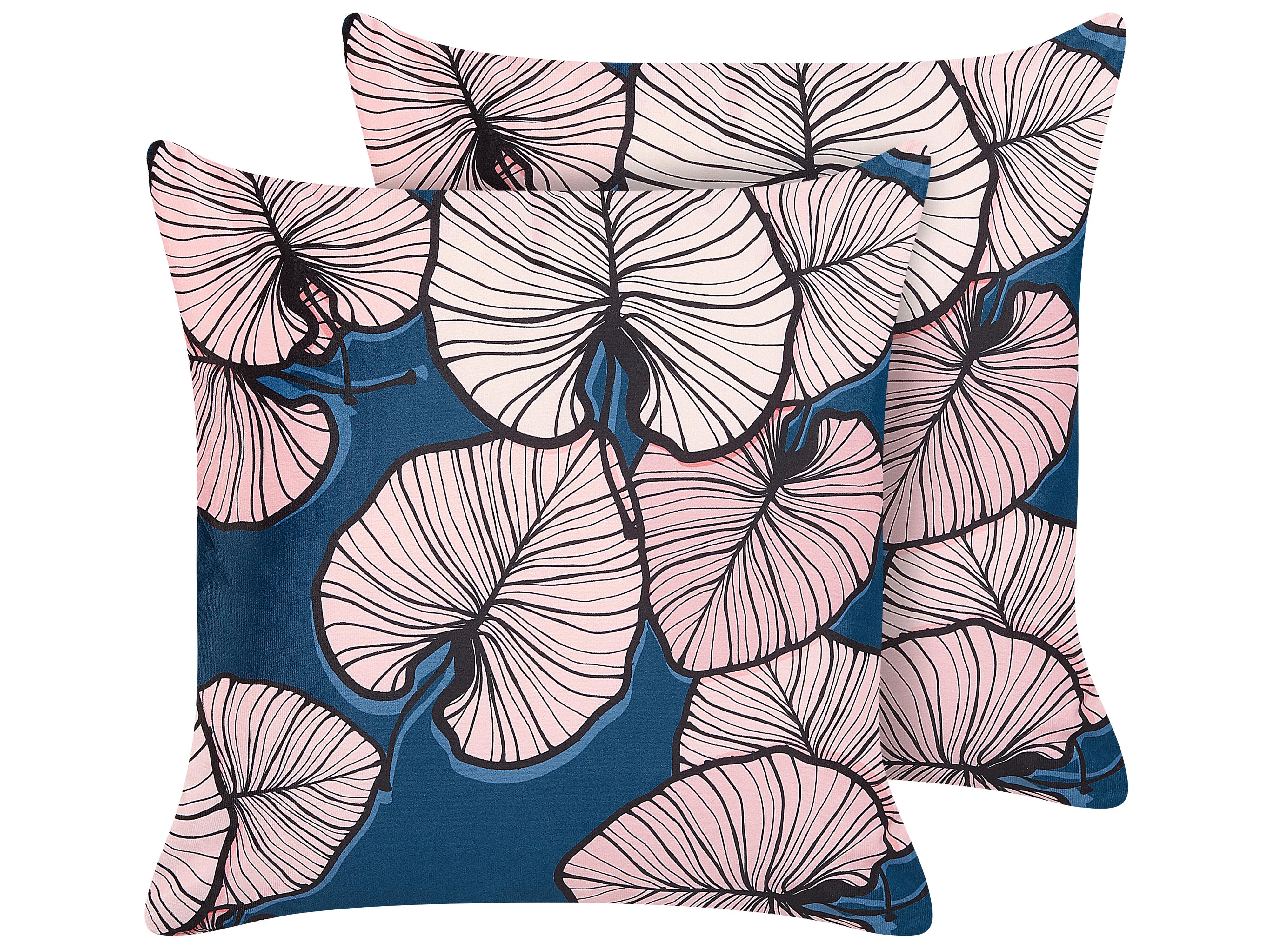 Set van 2 sierkussens CHRYSANTHEMUM Fluweel 45 x 45 cm Donkerblauw bladpatroon