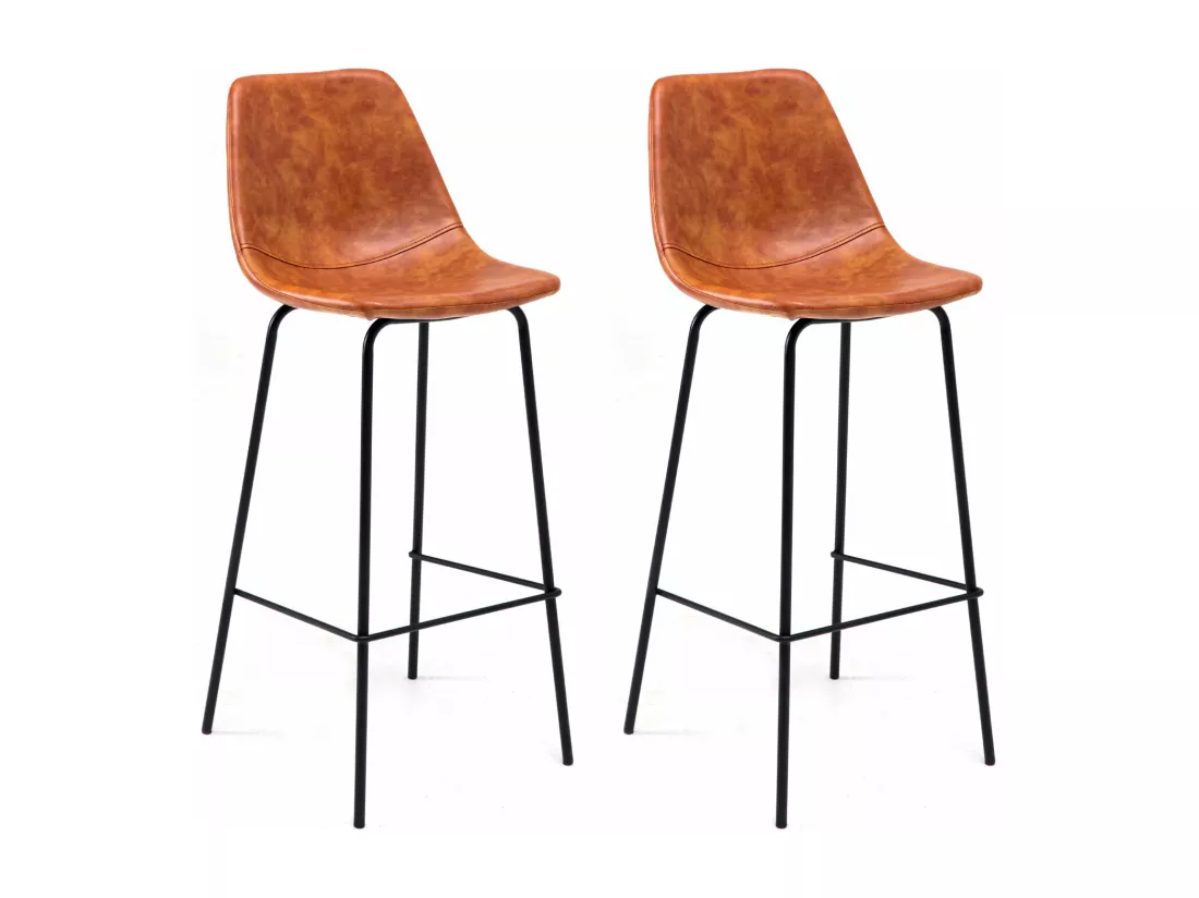 Lot de 2 tabourets de bar vintage LUCIEN cognac - Hauteur d'assise 75cm - HAPPY GARDEN