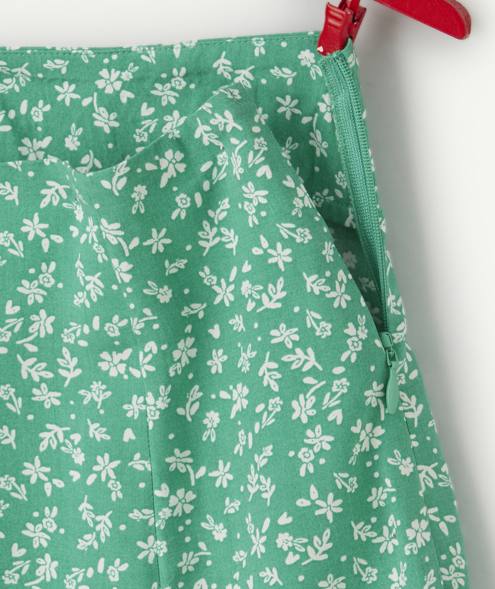jupe mi-longue fille en viscose responsable verte imprimée à fleurs