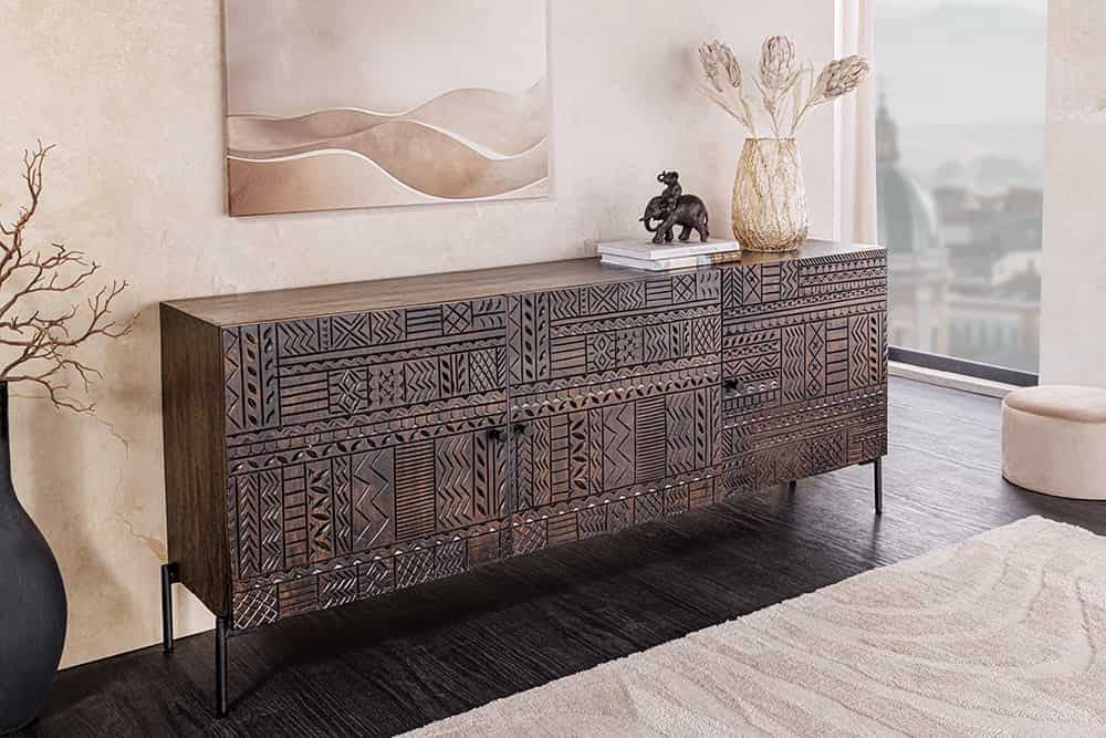 Massives Sideboard TRIBAL 180cm antik braun Mangoholz 3D-Front viel Stauraum