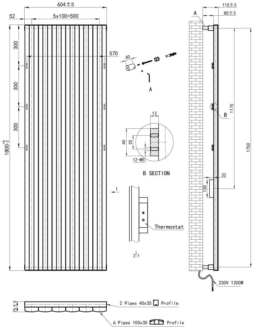 Eastbrook Derwent elektrische paneelradiator 60x180cm 1200W zwart mat