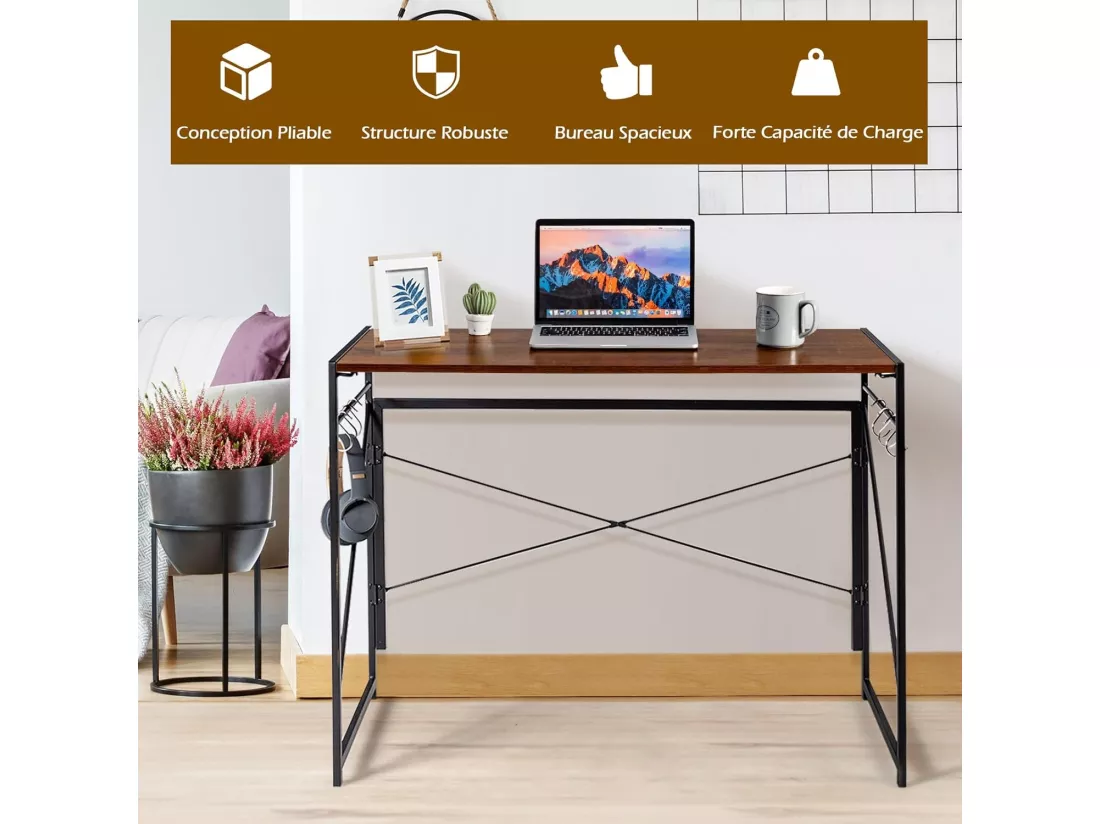 Bureau d'Ordinateur Pliant 100 x 50 cm, Table de Bureau Cadre en Métal, 6 Crochets en Forme de S, Charge 115kg Style Industriel/Moderne (Marron)