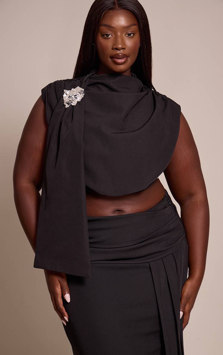 Noir Ensemble Crop Top Drapé Premium Avec Détails De Finition Tissée