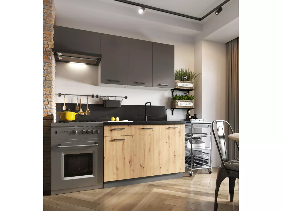 Cuisine complète Celia 5 éléments couleur gris mat/chêne artisan - Longueur 120/180 cm