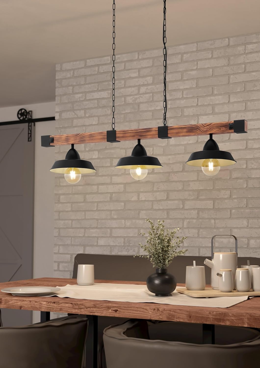 EGLO Hängelampe Oldbury, 2 flammige Vintage Pendelleuchte im Industrial Design, Pendellampe aus Stahl und Holz, Farbe Schwarz, braun rustikal, E27, 118 cm, FSC zertifiziert