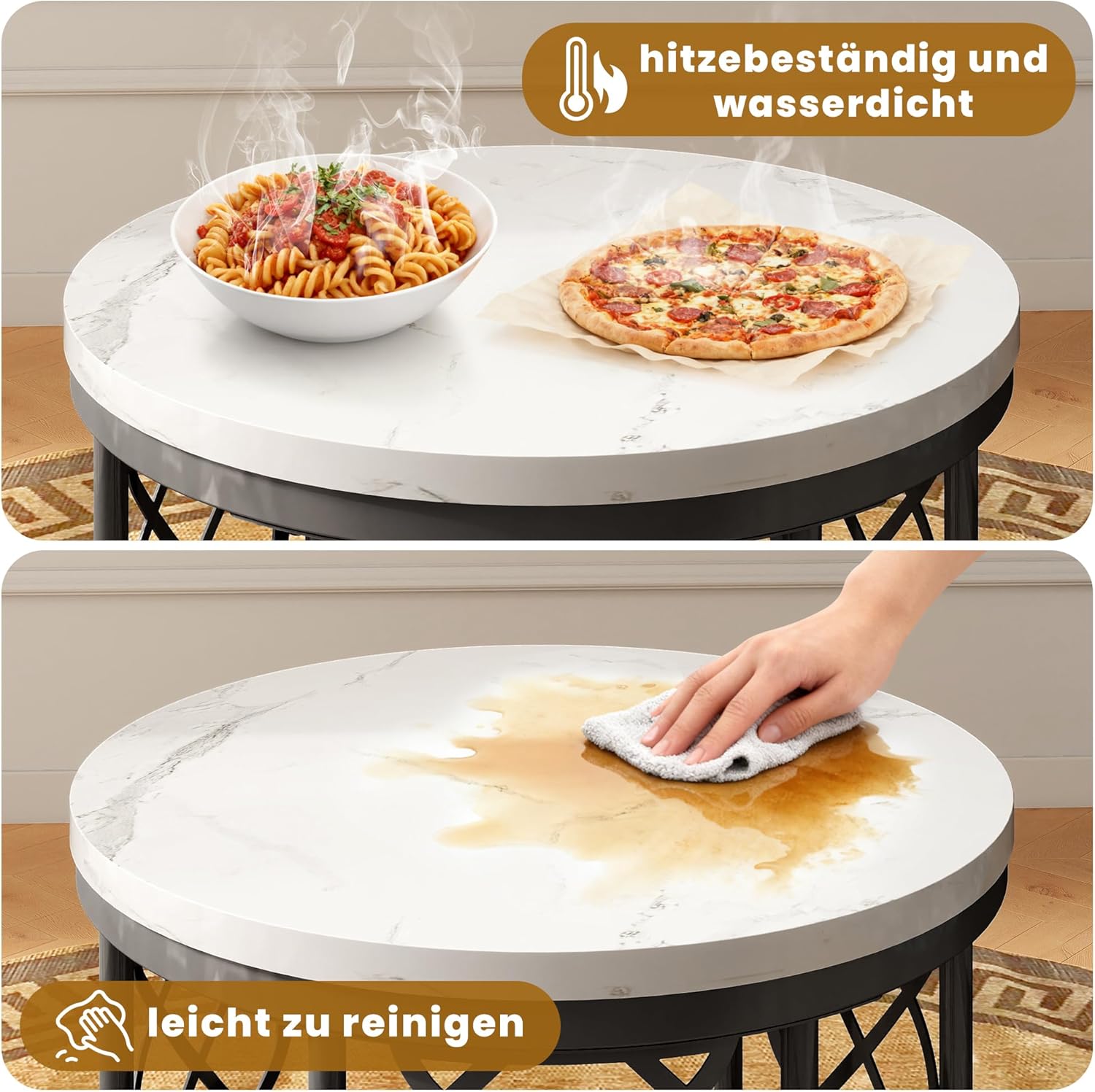 okwish Set mit 2 runden Couchtischen mit MDF-Tischplatte in Marmoroptik und Metallrahmen im herzförmigen Hohldesign, Satztische fürs Wohnzimmer, Balkon und Büro, Größe 70x45 + 45x37 cm, Schwarz