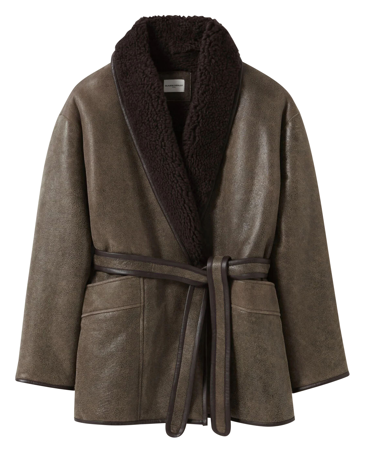 Peau lainée ceinturée taupe en cuir | Marron