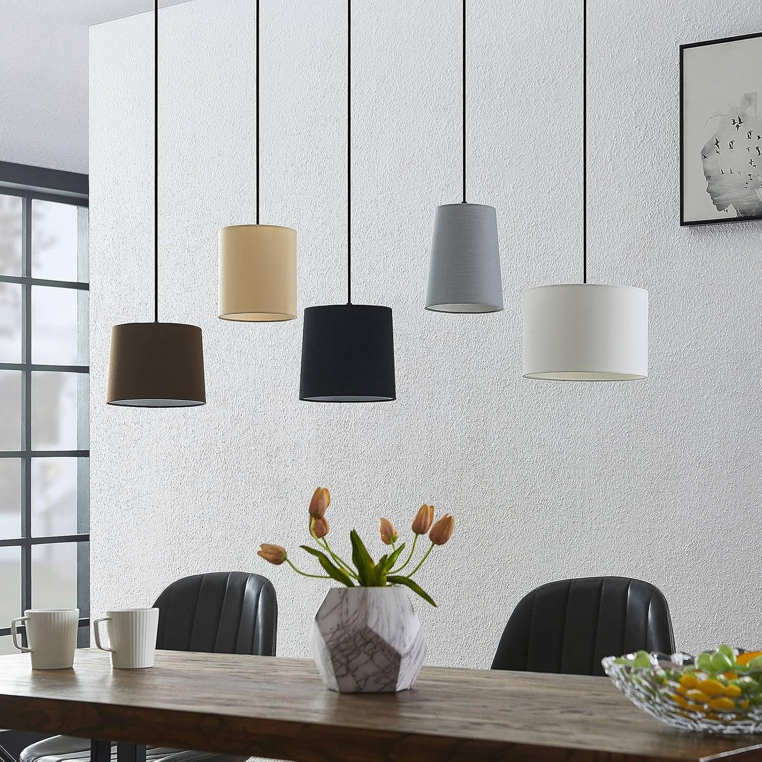 Lindby Esstisch Pendelleuchte Holz, Textil Balkenpendelleuchte Holzast und Stoff Lampenschirm Hängelampe Lampe Wohnzimmer 5x E27 ohne Leuchtmittel