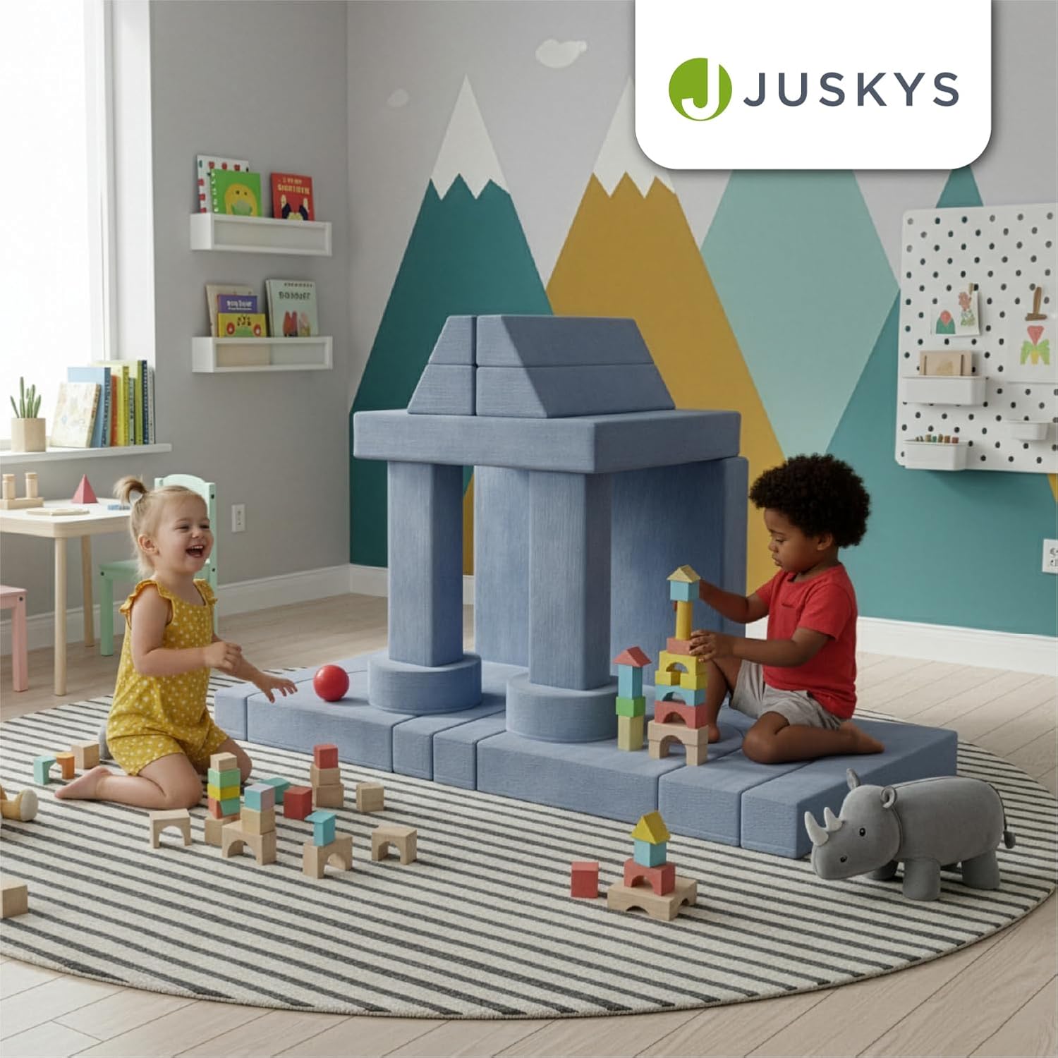 Juskys® Kindersofa Kayo - Cord, modular & weich, Sofa für Kinderzimmer & Spielzimmer, sicher, flexibel, pflegeleicht, mit abnehmbaren Bezügen – Hellblau