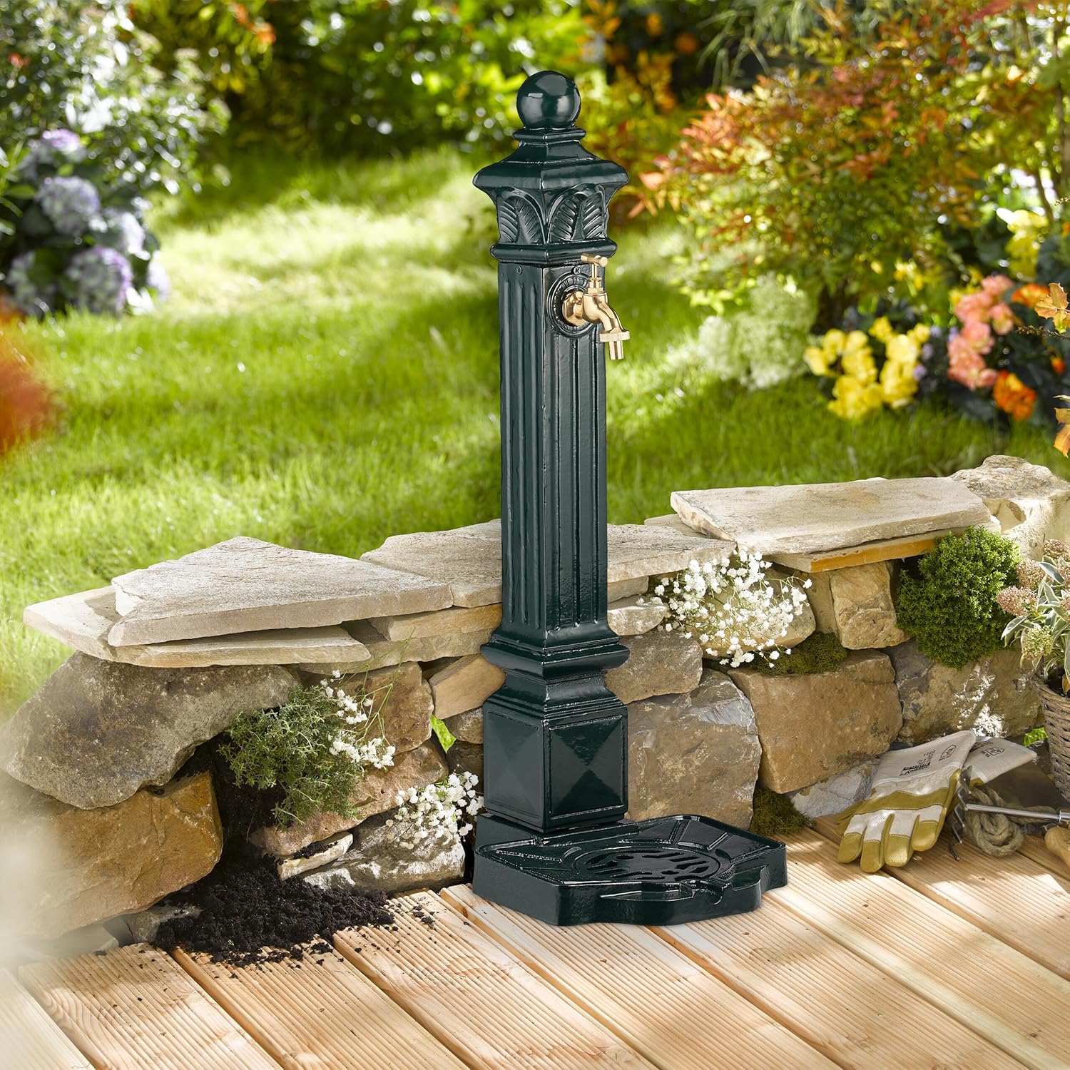 Relaxdays Standbrunnen, Wasserzapfstelle in Antik Look, Säule mit Wasserhahn & Becken, HBT: 80 x 28 x 32 cm, dunkelgrün, Grün