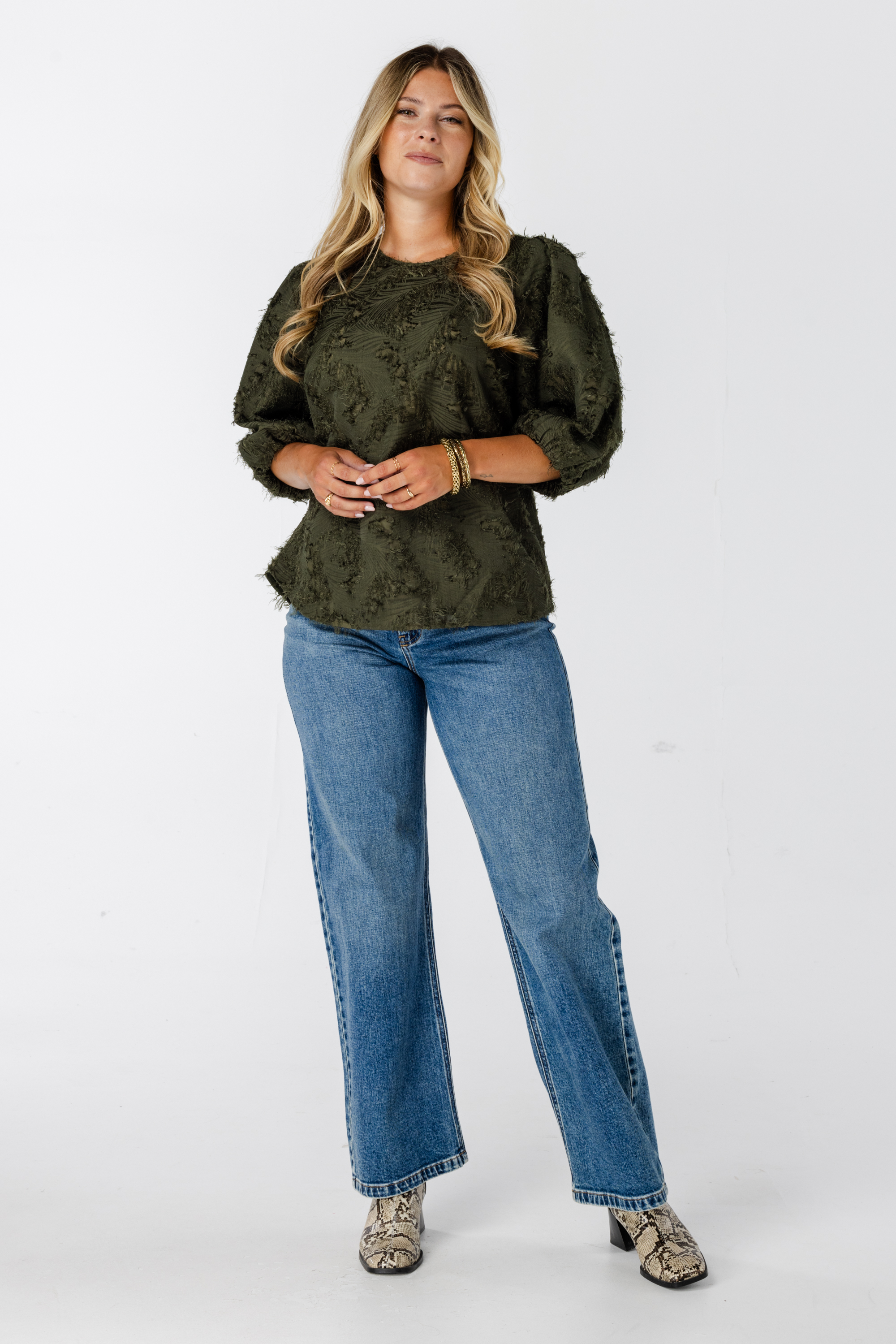 Blouse met korte pofmouw Khaki