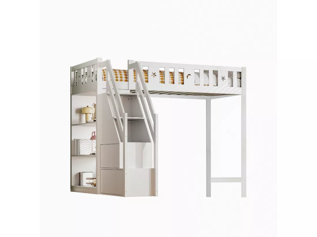 Lit mezzanine 90x200 cm, lit enfant avec avec échelle et étagères de rangement, antichute, structure en bois massif, blanc