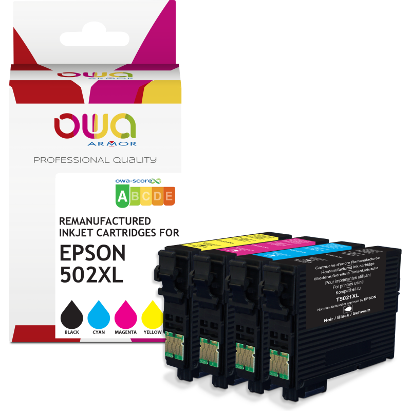Pack de 4 cartouches d'encre remanufacturées OWA - haute capacité - Noir Cyan Magenta Jaune - pour EPSON 502XL