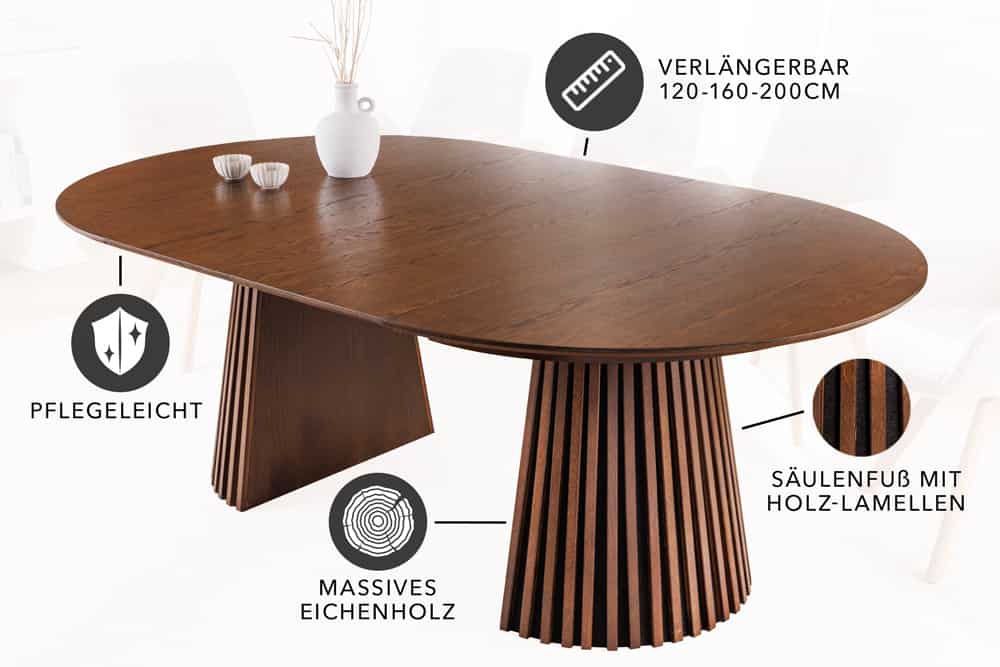 Ausziehbarer Esstisch VALHALLA WOOD 120-160-200cm smoked braun Eichenholz Säulenfuß