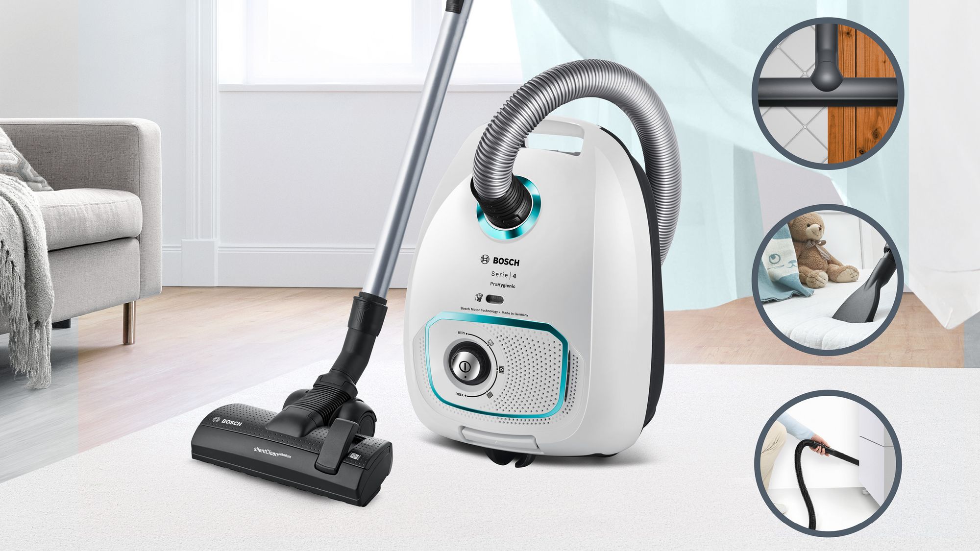 Aspirador de pó com saco ProHygienic Série 4, branco, BGLS4HYG2