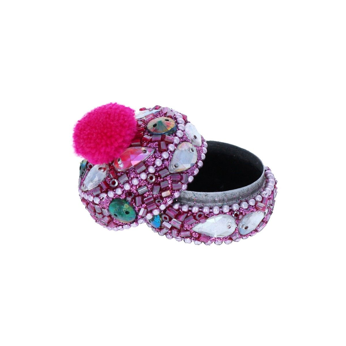 Petite boîte indienne ronde rose à pompon