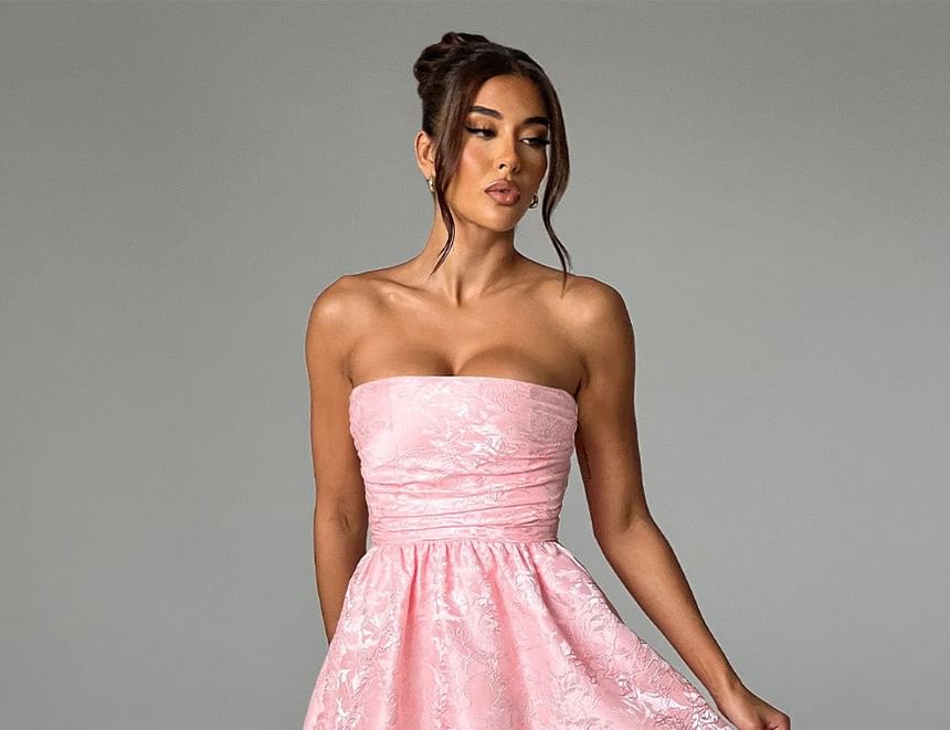 Alizio - Strapless Floral Jacquard Midi A-lijn Feestjurk