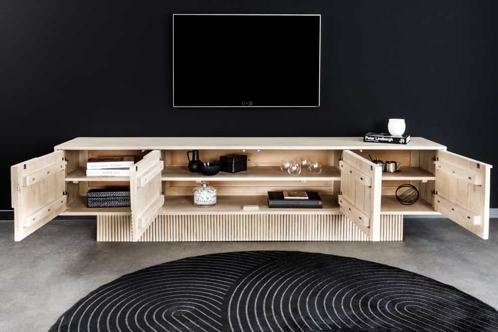 Massivholz TV-Lowboard ART DECO 200cm weiß gekälkt Mangoholz 3D-Front