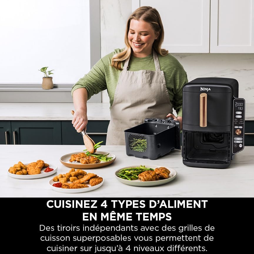 NINJA Double Stack XL Air Fryer, Friteuse sans huile Verticale Double Tiroir 4 Niveaux de Cuisson, 2 Tiroirs, 2 Grilles, Capacité de 9,5 L, 6 Fonctions, 8 Portions, Pinces, Noir/Cuivre SL400EUCP