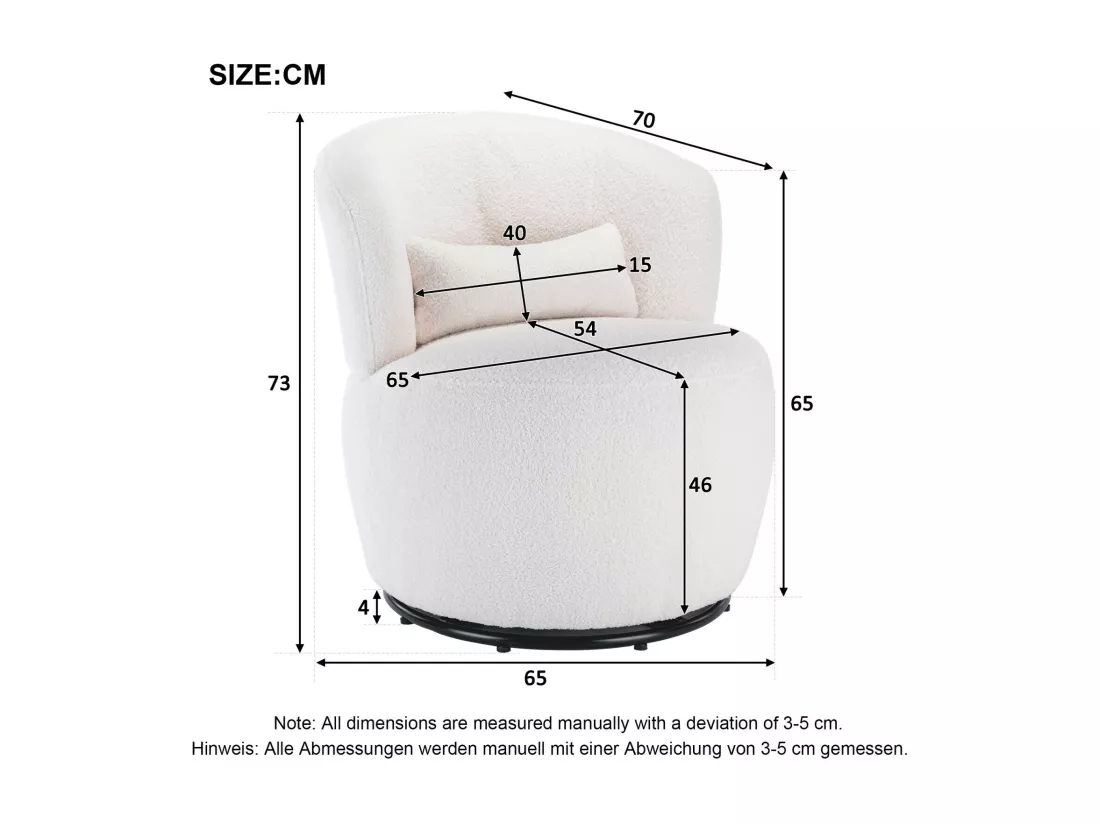Fauteuil pivotant en tissu peluche blanc avec oreiller de lombaire et pied métal - Max 100kg - 65x65x73cm