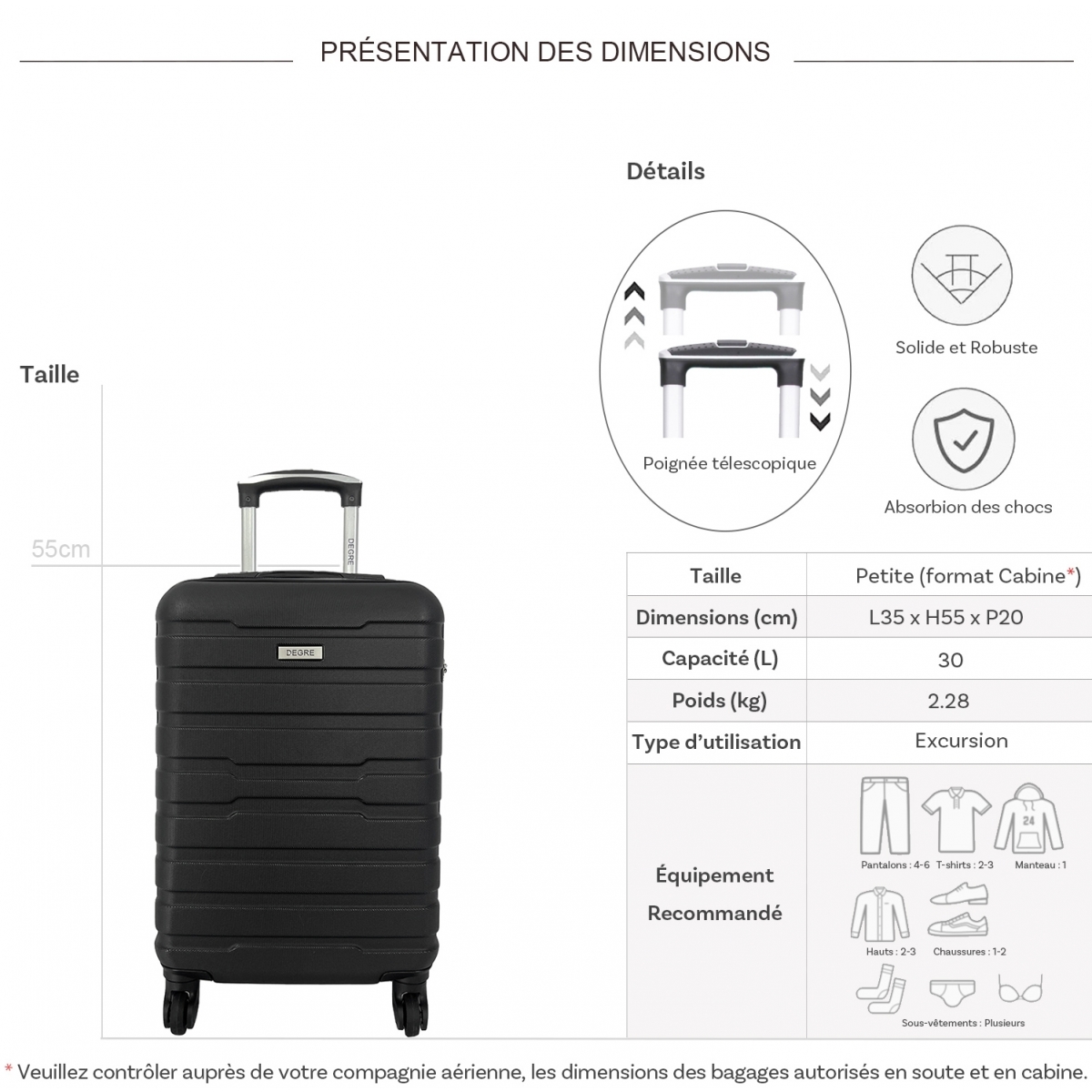 Degré Valise cabine passe-partout rigide Degré ABS 55cm